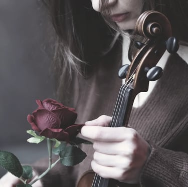 Photo portrait violoniste et une rose, shooting à Paris