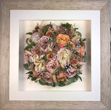 Birdseye view preserved wedding bouquet in a wooden frame