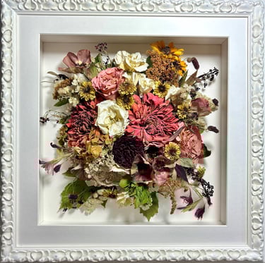 Meadow style Birdseye view preserved wedding bouquet in a frame