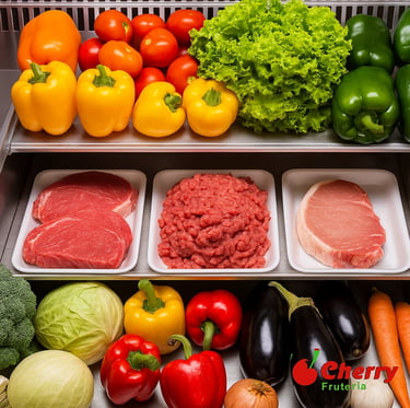 Carnes y vegetales en refrigerador.