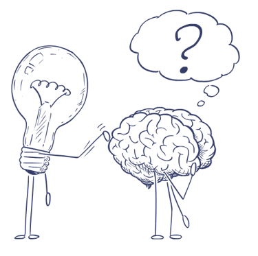 cerveau et ampoule avec un point d'interrogation qui symbolise la psychoéducation