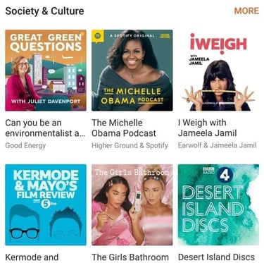A screenshot of different thumbnails of top podcasts on Apple podcasts.