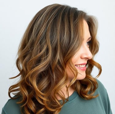 woman over 50 with a Long hair Soft Waves and Loose Curls at the end of her hair
