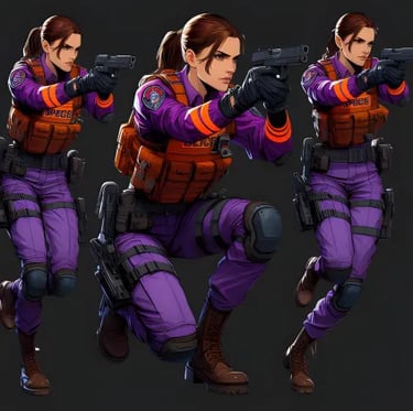 Blaze Fielding in purple uniform holding a gun