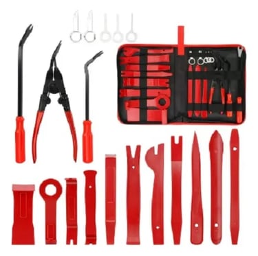 Professional car trim removal tool kit with pry bars and pliers in a red storage case.