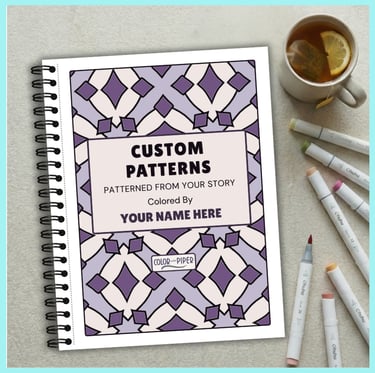 wirebound coloring book with geometric patterns entitled CUSTOM PATTERNS