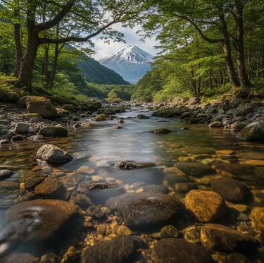 Serene river flowing through a green forest with Mount Fuji in the distance.