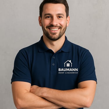 Mitarbeiter vom Baumann Baumann Objekt- & Hausservice steht mit Polo Shirt vor einer Wand