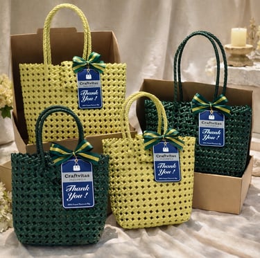 Modern handmade woven plastic bags with Sekar design by Craftvitas Indonesia.