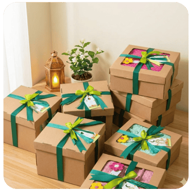 Custom handmade woven bag hampers packaged in gift boxes with ribbon decoration for corporate and event souvenirs.