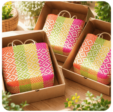 Custom colorful woven plastic bag gift hampers prepared for corporate and event souvenirs.