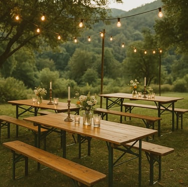 Tables guinguette en bois avec bancs, décorées de bougies et fleurs champêtres sous guirlandes 