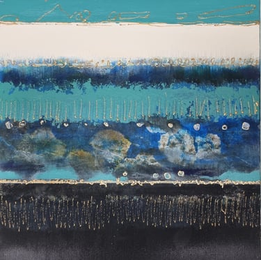 détail d'un tableau abstrait évoquant le bord de mer