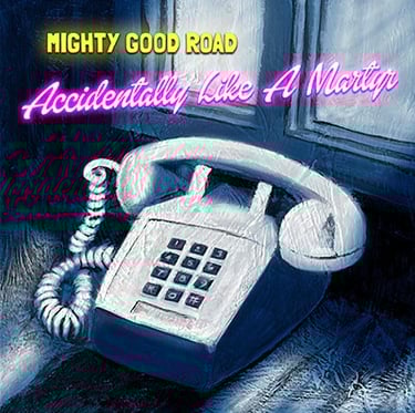 Piano and window in blue shadows with neon text "Accidentally Like A Martyr", Mighty Good Road
