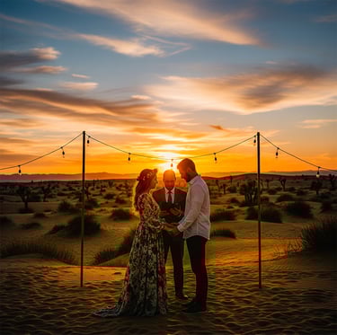 a couple standing in the desert at sunset
