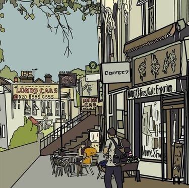 small drawing of forest gate illustration, the famous emporium