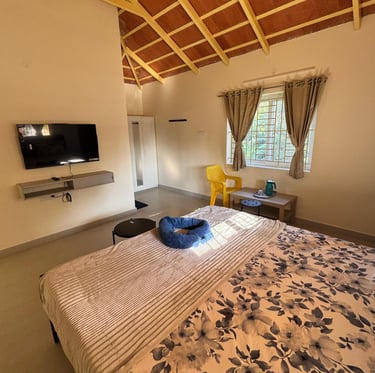 Family Bedroom with wide window, cupboard and Smart TV