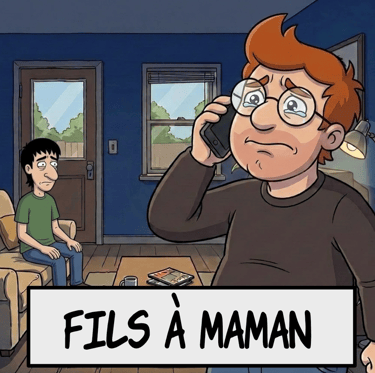Dessin animé montrant un homme en larmes avec des lunettes au téléphone, sous le regard de son ami,
