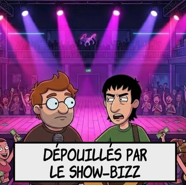 Dessin animé de musiciens sur scène sous des projecteurs violets, avec le texte : Dépouillés par le