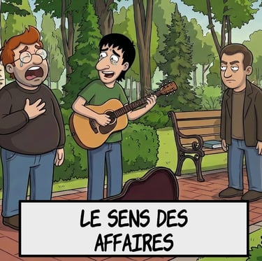 Deux musiciens chantent dans un parc devant un passant agacé. Titre : « LE SENS DES AFFAIRES ».