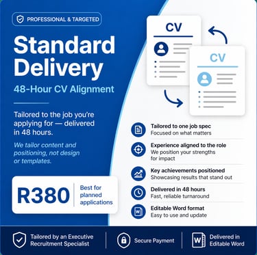 Infographic for 48-hour professional CV alignment service showing pricing and tailored resume benefits.