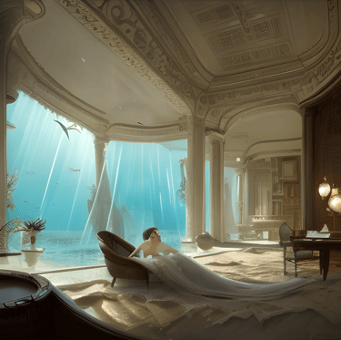 a woman in a wedding dress sitting in a chair in a luxurious apartment with giant aquarium 