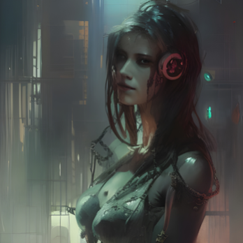 a Cyberpunk woman with a headphones on a city street