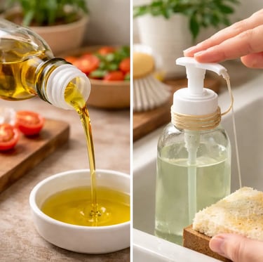 Sustainable kitchen hacks for oil bottles and soap pumps.