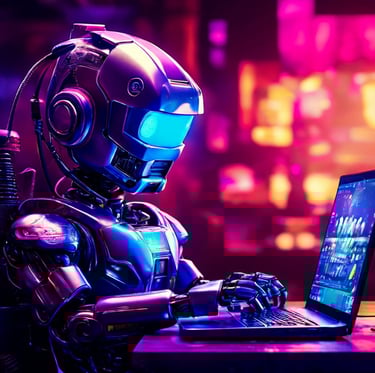 Robô futurista usando fones e digitando em um laptop sob luzes neon