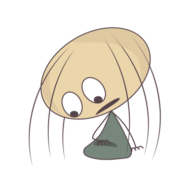 A minimalist cartoon character with a large oval head and wide eyes looking down in a sad expression.