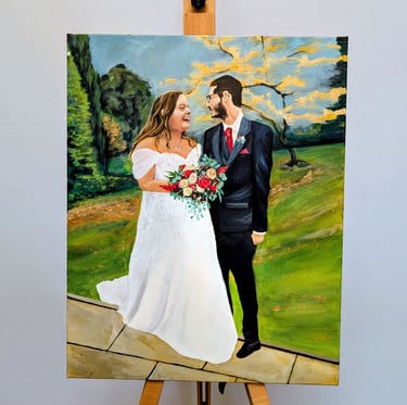 Live wedding painting of a bride and groom sharing an intimate moment on their wedding day