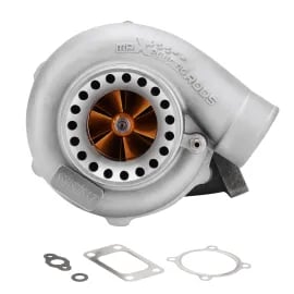 High-Performance silver turbocharger with bronze compressor wheel and mounting gaskets.