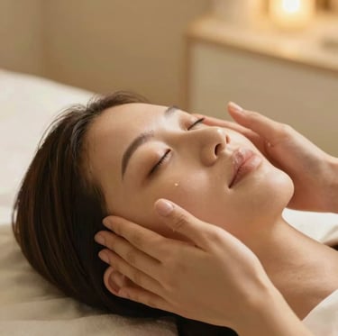 Close-up of professional aesthetician hands gently applying a facial treatment under warm golden light, intimate spa atmosphere, soft focus, warm cream background