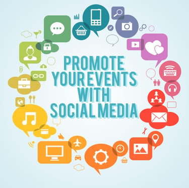 Promote your events with social media infographic featuring colorful digital marketing icons.