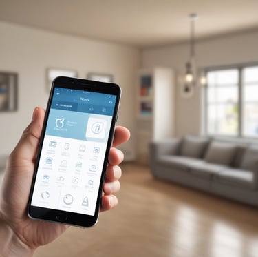 Modern living room interior showcasing elegant furnishings and smart lighting controls.
