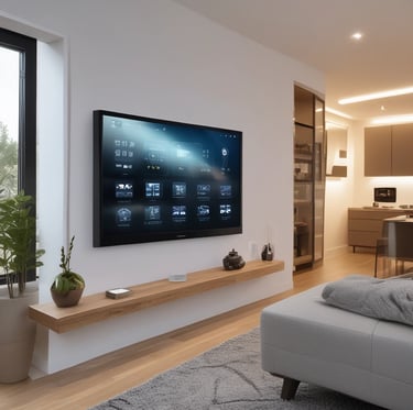Modern living room interior showcasing elegant furnishings and smart lighting controls.