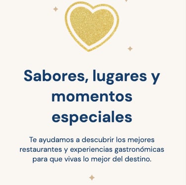 Gold glitter heart icon with Spanish text promoting the best restaurants and culinary experiences.