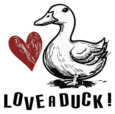 Black and white sketch of a duck next to a red heart with Love a Duck text.