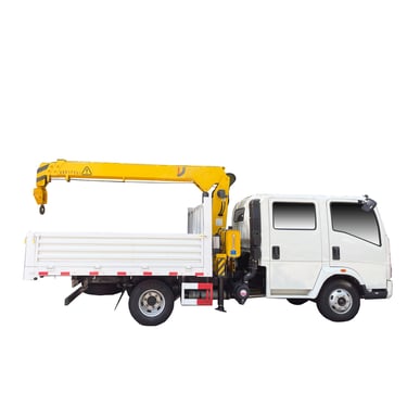  A white truck featuring a 2.1 ton telescopic crane mounted on top for heavy lifting purposes.