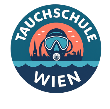 Tauchschule-Wien Logo mit Taucher und Wien im Hintergrund
