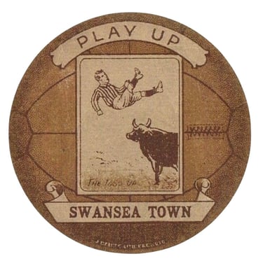 Vintage Swansea Town football badge with a man tossed by a bull and the text Play Up.