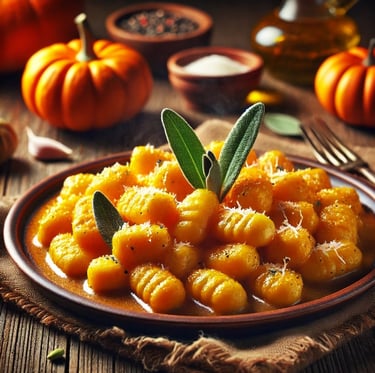 Ein Teller mit Kürbis-Gnocchi und Salbei Deko