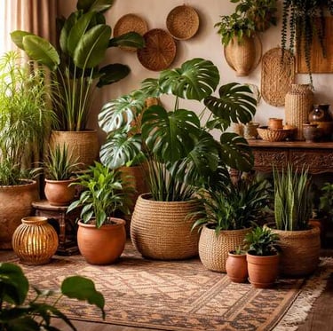 Afro-Bohemian Indoor Plants with Terracotta Pots and Woven Baskets