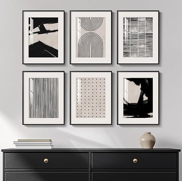 Black and white abstract wall art set, modern dining room decor prints.