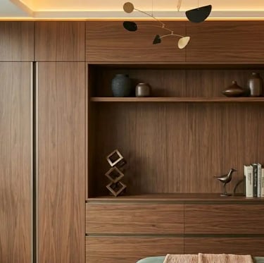 Floor-to-Ceiling Contemporary Storage Wall in Rich Walnut for Minimalist Interiors