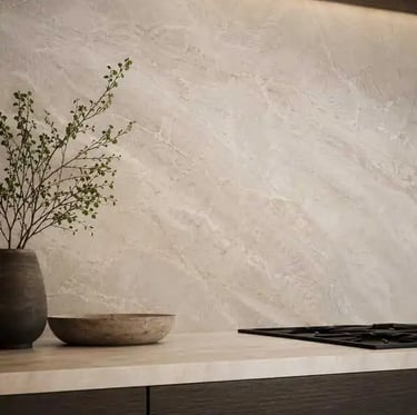 Luxury Minimal Kitchen Backsplash Ideas | Full Height Stone Slab, Seamless Neutral Design, Modern 