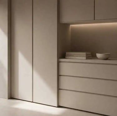 Luxury Minimalist Built-In Storage: Handleless Matte Cabinetry in Soft Neutral Tones for Contemporar
