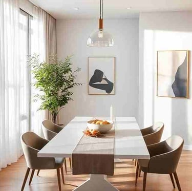 Modern dining room with elegant furniture and statement lighting.