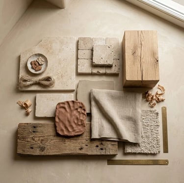 Modern Organic Material Palette Honed Travertine & Raw Timber Flat Lay. Eftelt Home Decoration