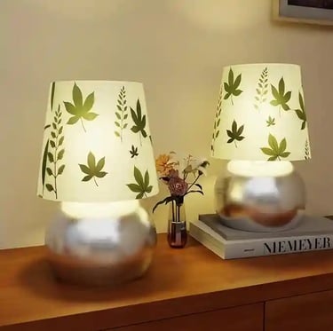 Set of 2 Silver Bedside Table Lamps – Maple Leaf Pattern Shade, Modern Metallic Accent Lighting
